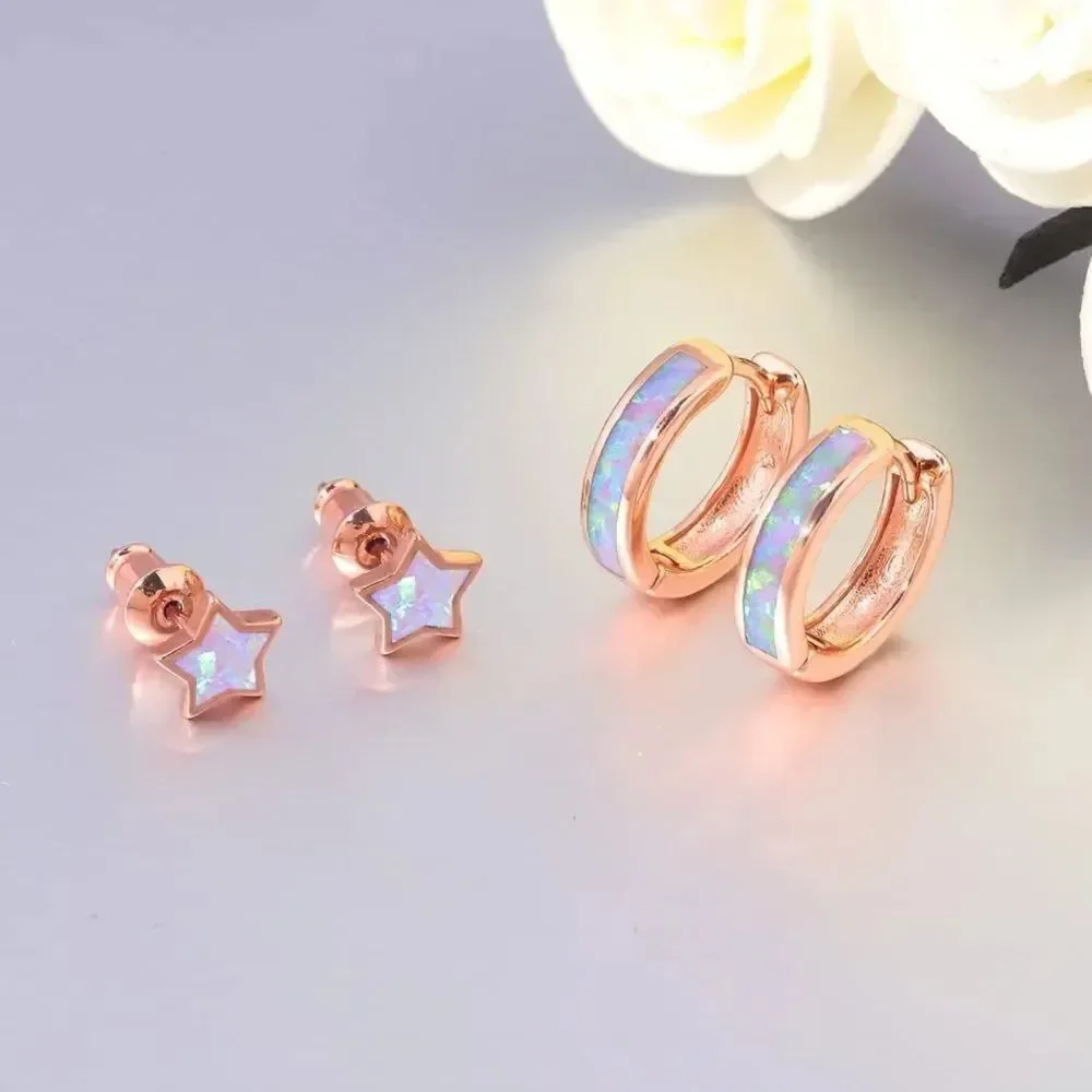 14K Rose Gold with Genuine Pink Fire Opal Huggie and Star Stud Earrings Set of 2